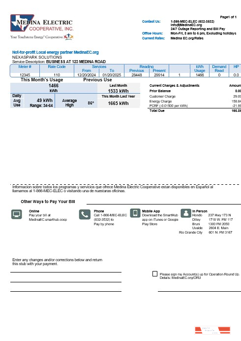USA Texas Medina Electric business utility bill template in Word and PDF formats